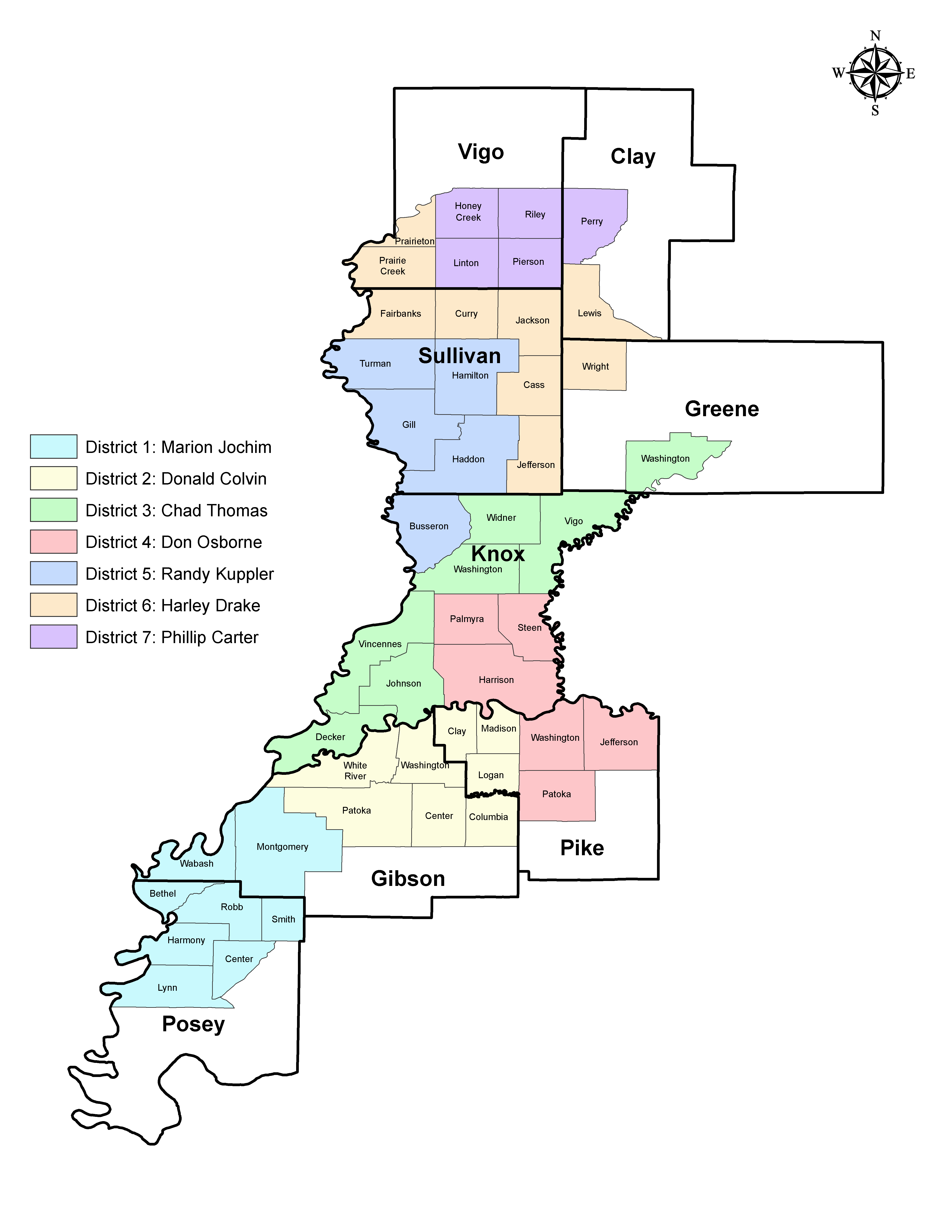 Map of the WIN Energy REMC board of directors denoted by district. Map is broken down into county and township level, with different colors denoting the members district.