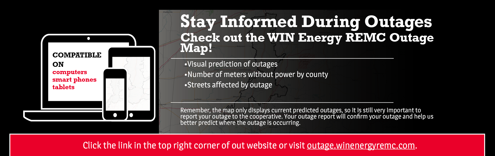 White wording on a dark background explaining the WIN Energy REMC Outage Map with computer, cell phone, and tablet on the lefthand side