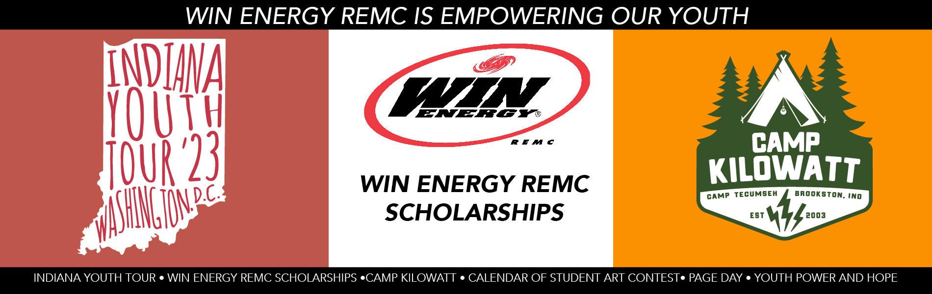 List of youth programs that WIN Energy REMC offers with logos on a white template. 