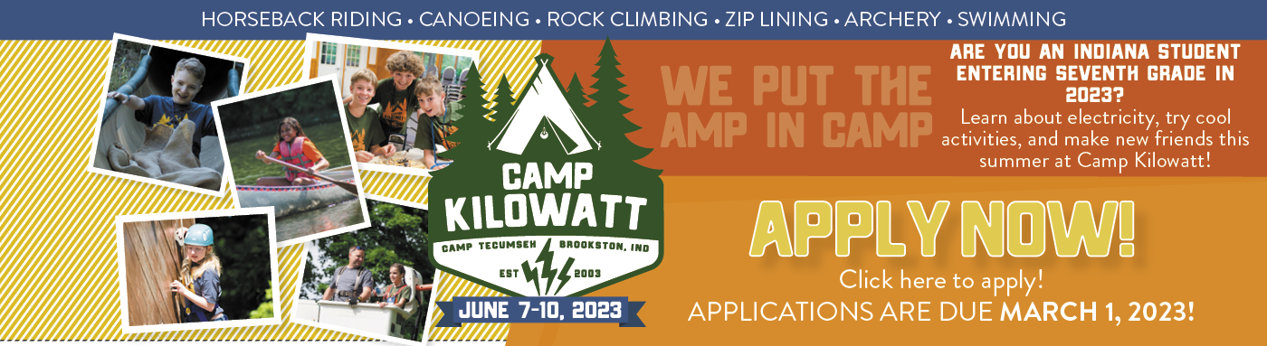 Camp Kilowatt images with orange background. Call to action to click here to apply for camp.