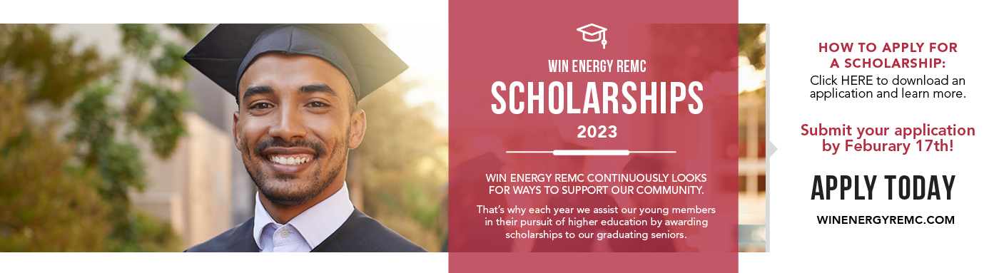 Image of Graduate on white background with call to action to apply today for WIN Energy REMC Scholarships. 
