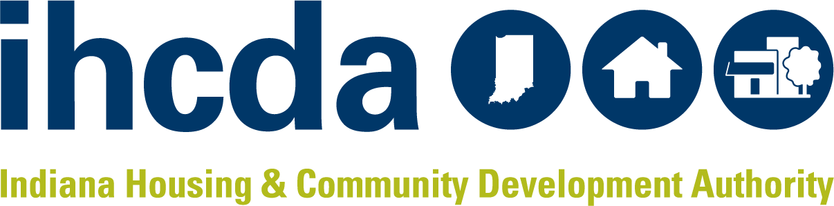 Logo for Indiana Housing and Community Development authority with blue letters spelling ihcda and green letters
