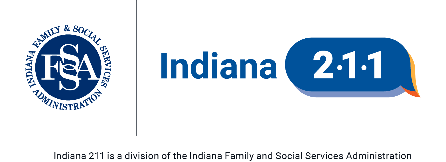 Blue and white logo for Indiana 211 with Family Services Administration logo on left and Indiana 211 logo on right